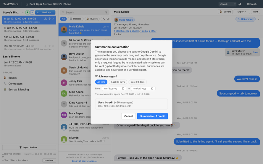 Text2Store's Summarize conversation dialog: the privacy disclosure, a date-range choice, the credit cost, and the Summarize button.
