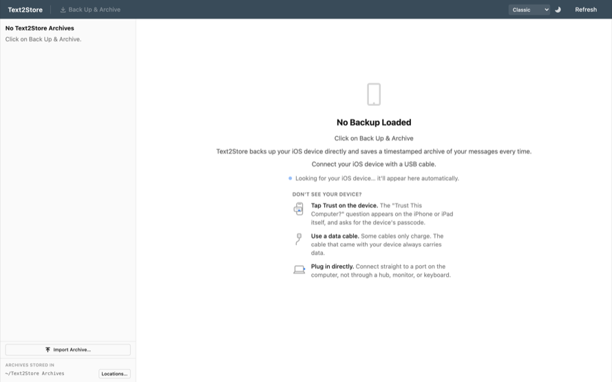Text2Store waiting for a device, showing its built-in checklist: tap Trust on the device, use a data cable, plug in directly.