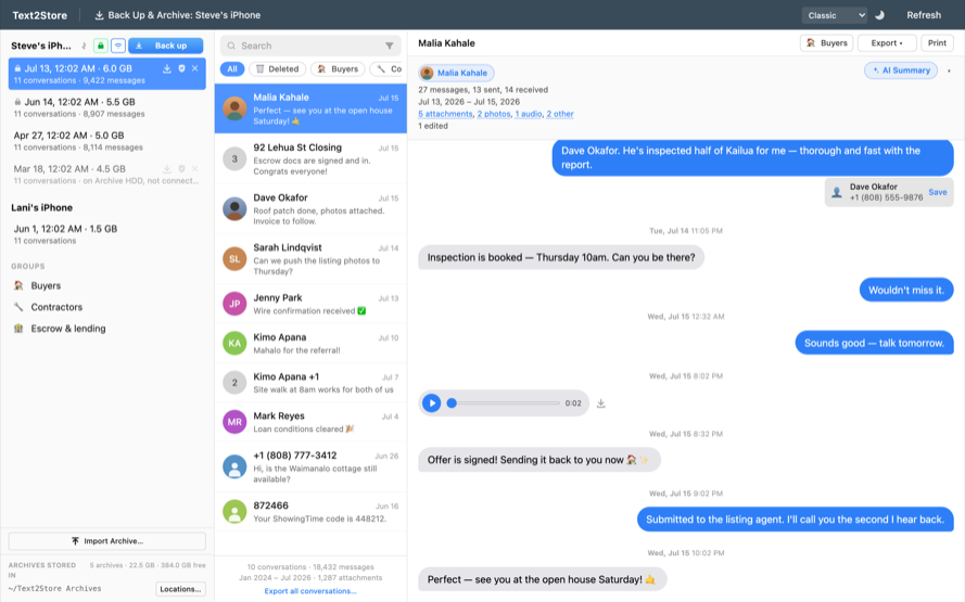 An open conversation in Text2Store: the conversation list with filters on the left, the message thread with photos and an audio message on the right.
