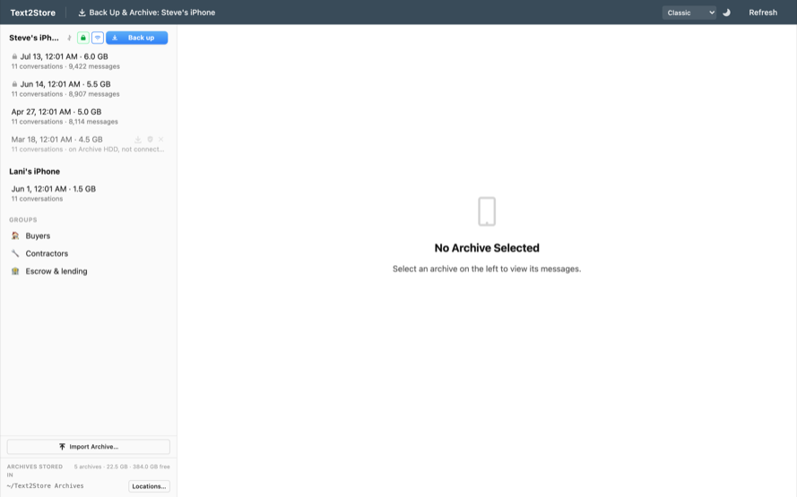 Text2Store's main window: a connected iPhone with its Back up button and a list of timestamped archives showing conversation and message counts.