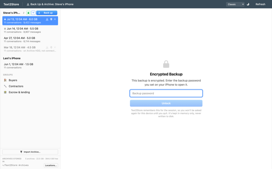 Text2Store's Encrypted Backup screen asking for the backup password, with a note that it is kept in memory only and never written to disk.